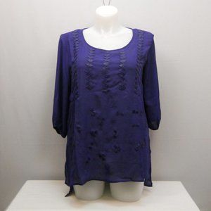 Wapi Women's Sheer Top Solid Deep Blue Pleather-Trim Plus Size 1X